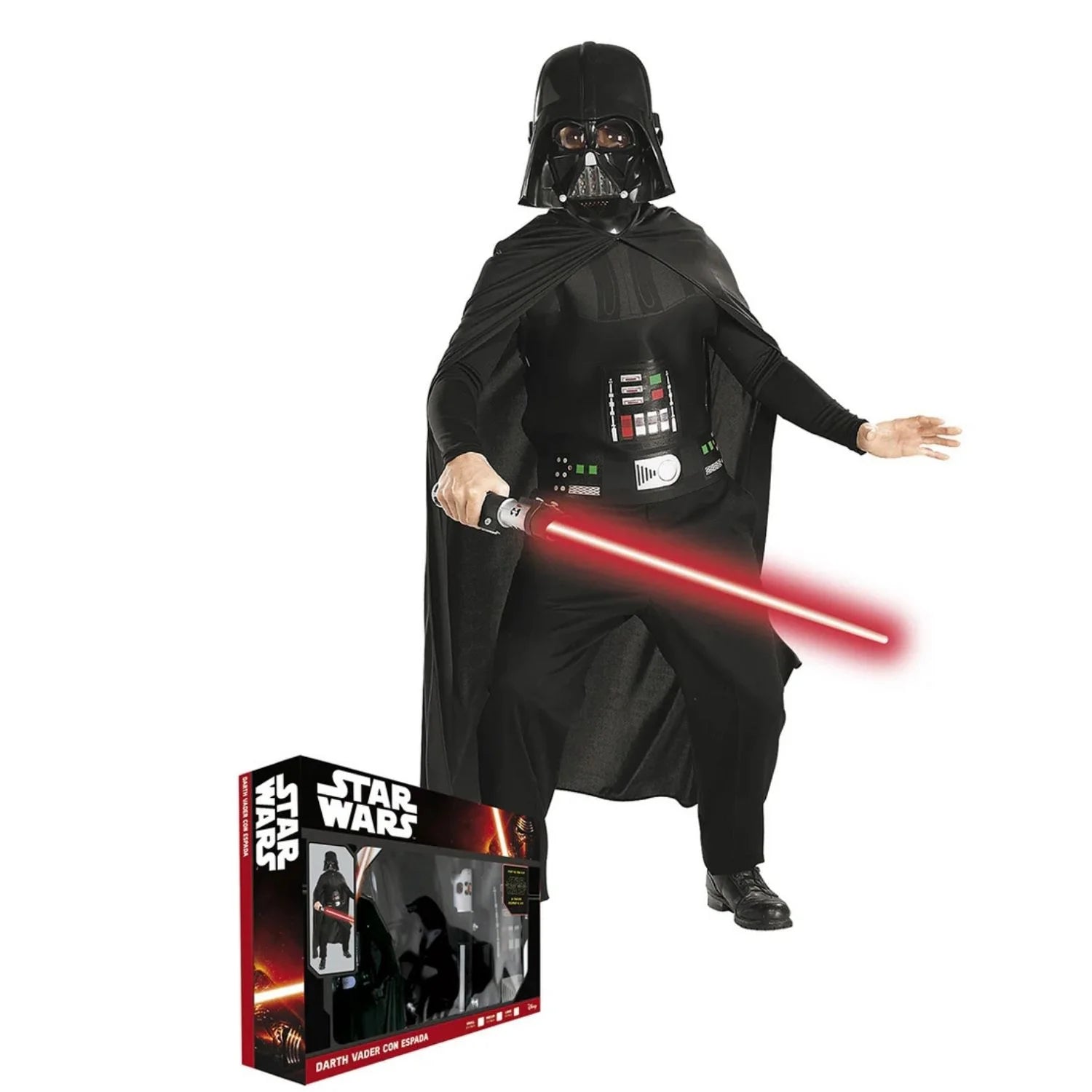 Disfraz Darth Vader infantil con mono entero, máscara, capa y espada con luz