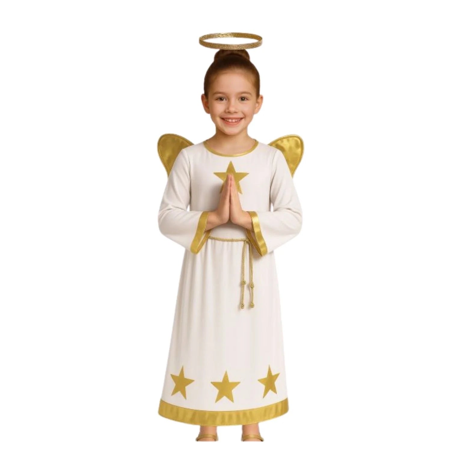 Niño con disfraz de ángel infantil con vestido blanco, alas y cinturón para Navidad