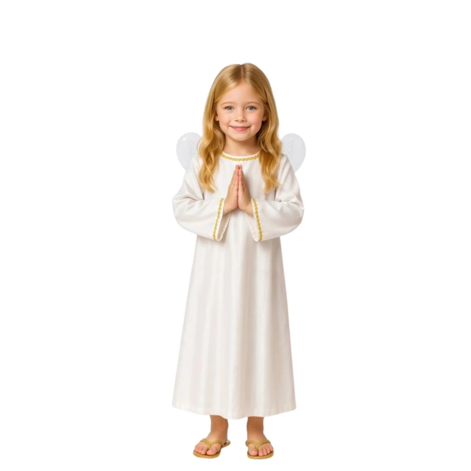 Niña con disfraz de ángel blanco con alas para Navidad y belén viviente