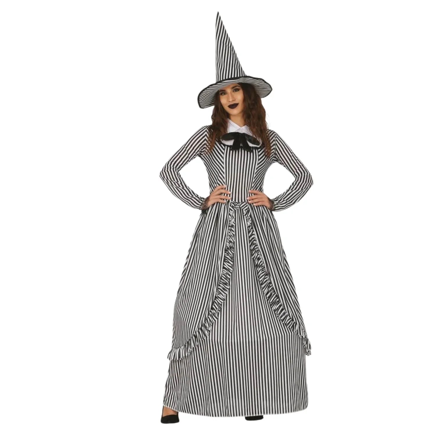 Disfraz de Bruja Vintage mujer con vestido largo de rayas y gorro