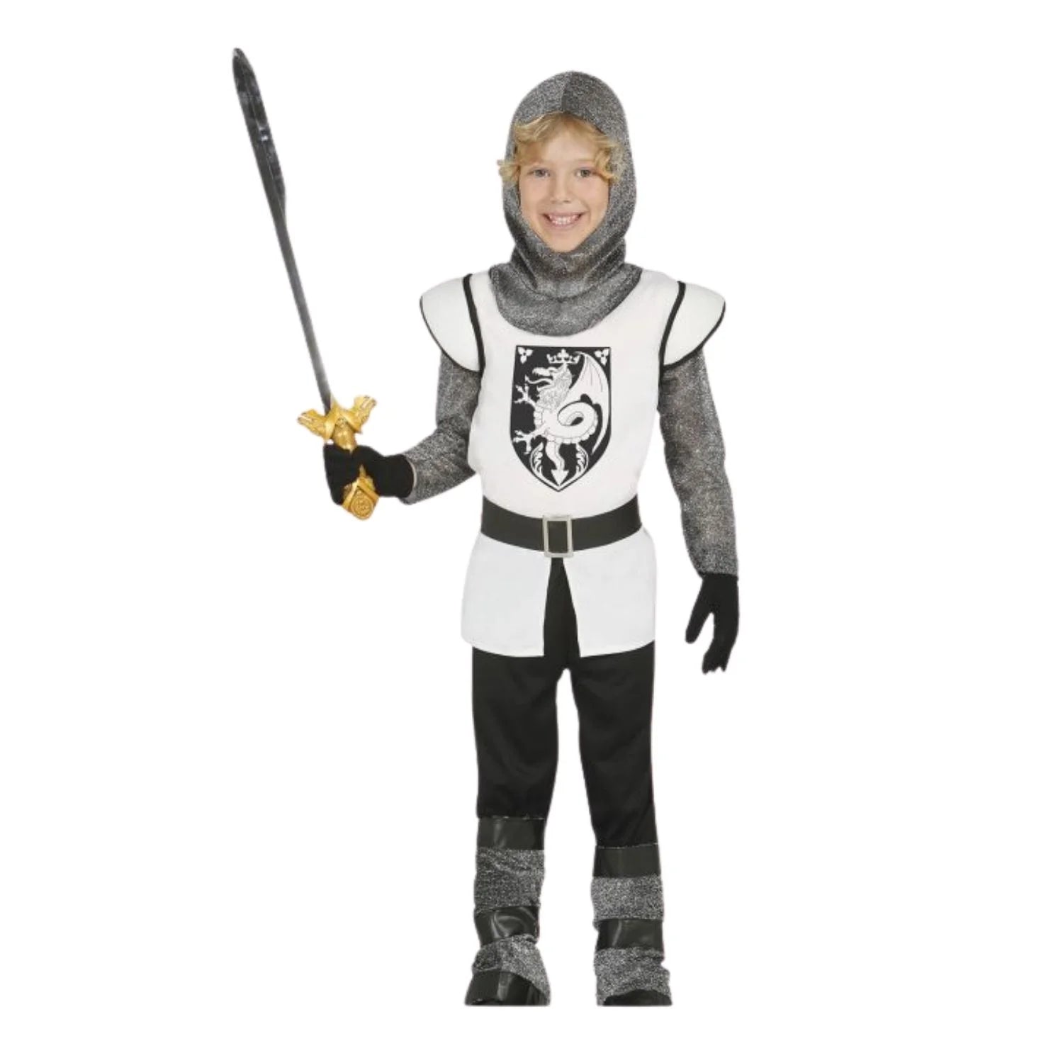 Disfraz de caballero medieval infantil con capucha y cinturón