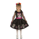 Disfraz de Calaverita para niña con vestido negro decorado con calaveras y flores