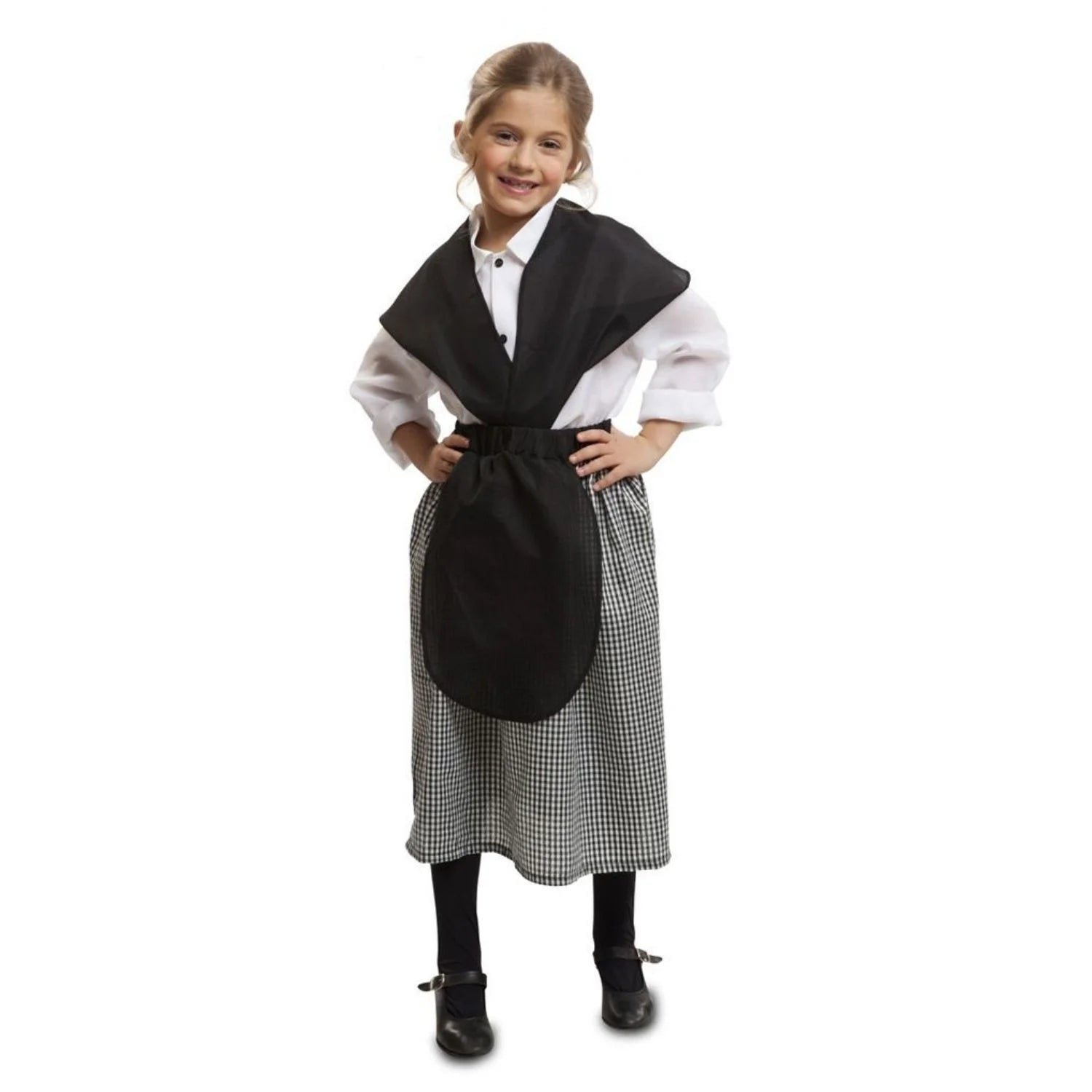 Disfraz de Castañera para niña con camisa blanca, falda y delantal negro