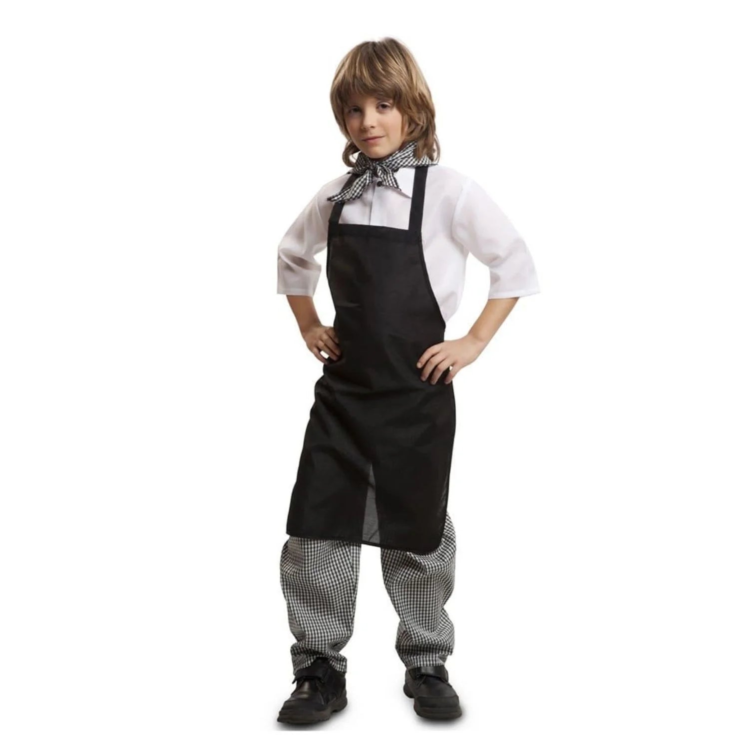 Disfraz de Castañero para niño con camisa blanca, pantalón de cuadritos y delantal negro