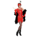 Disfraz Charleston años 20 para mujer con vestido rojo de flecos y tocado