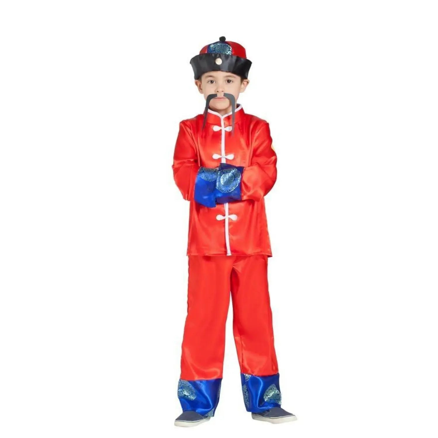 Disfraz de chino infantil con chaqueta, pantalón y sombrero tradicional para Carnaval