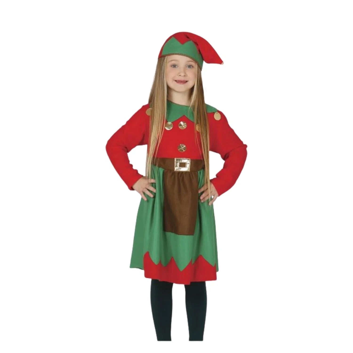 Niña con disfraz de elfa de Navidad con vestido verde y gorro navideño