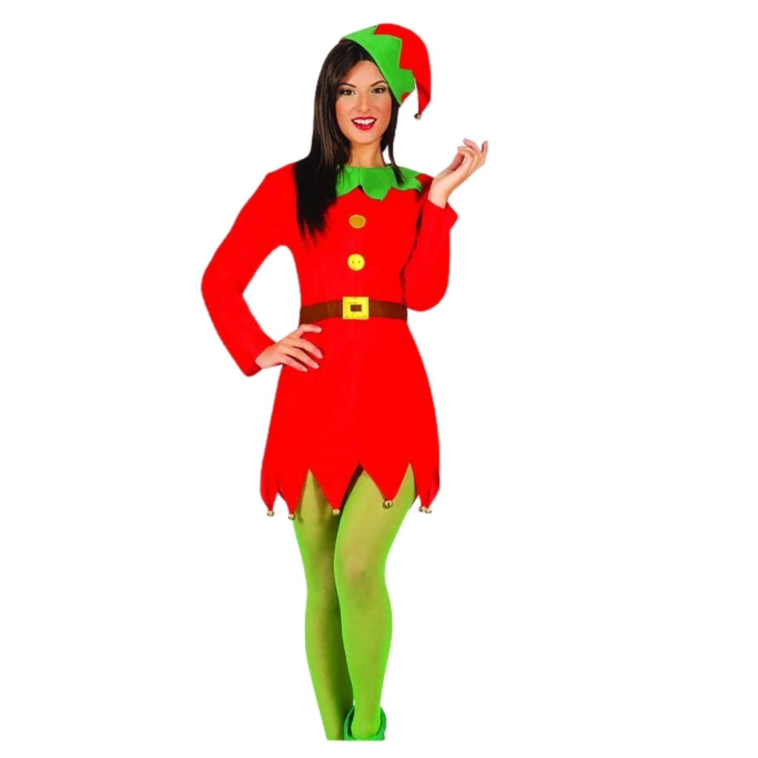 Disfraz de elfo mujer con vestido y gorro para Navidad y cabalgatas