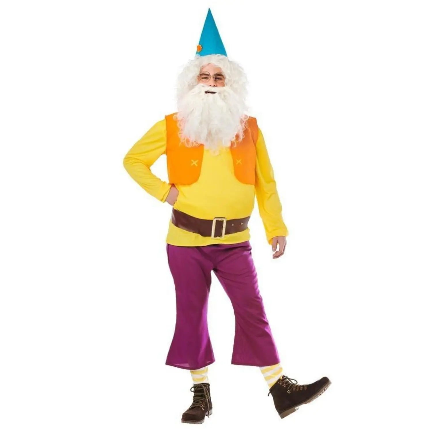 Disfraz de enanito amarillo para adulto con gorro chaleco y pantalón completo