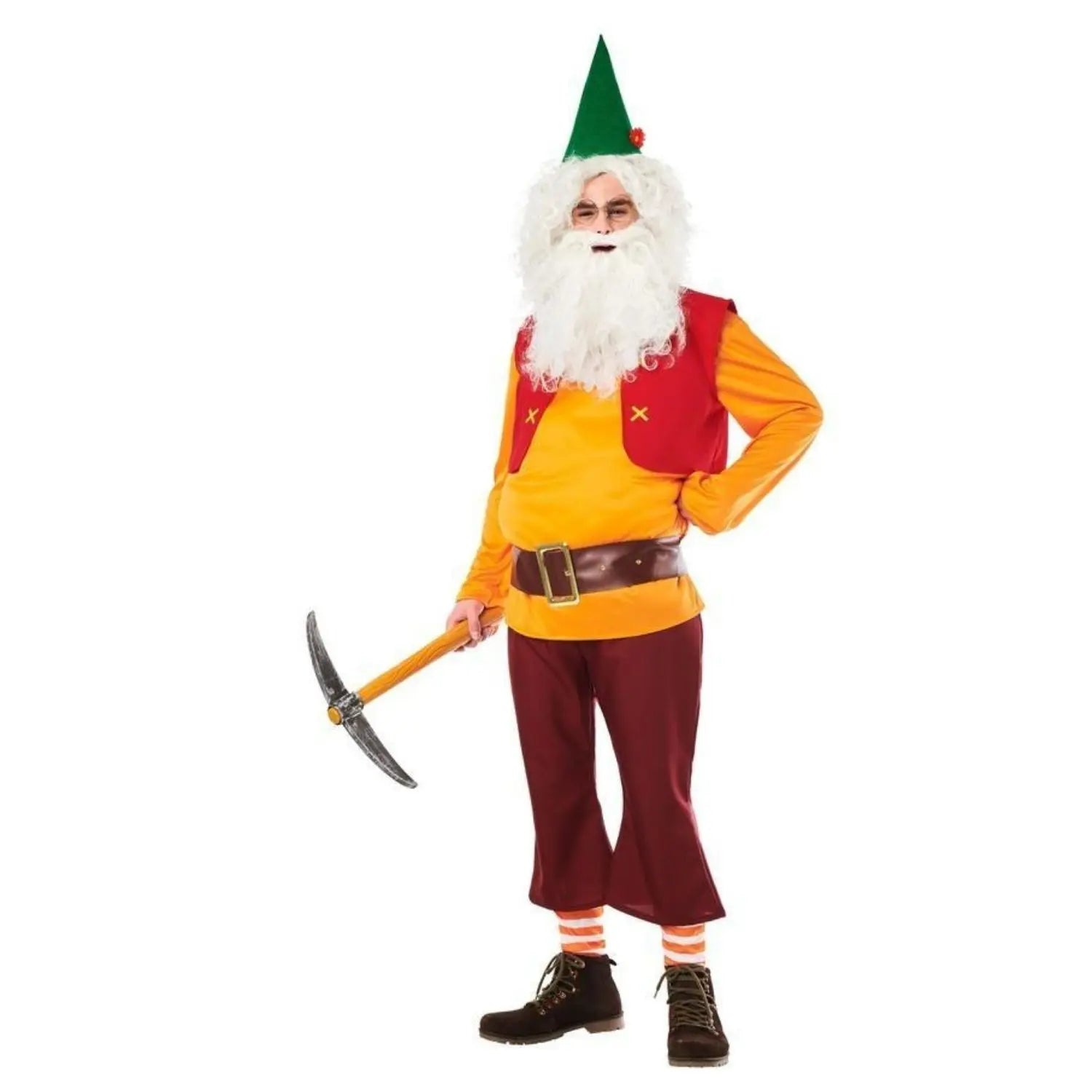Disfraz de enanito naranja para adulto con gorro camisa chaleco cinturón pantalón y calcetas