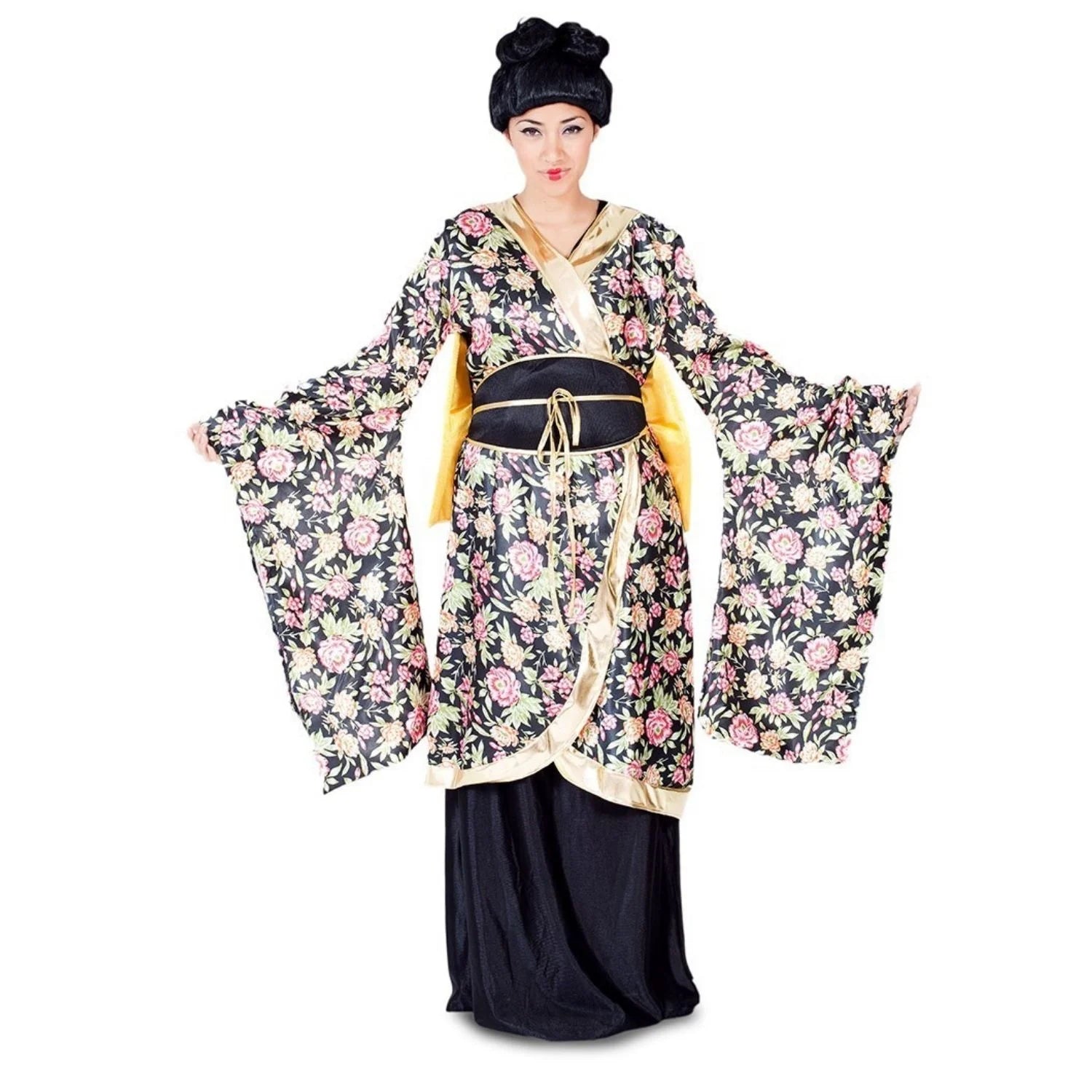 Disfraz de Geisha para Mujer con vestido floral japonés y cinturón negro