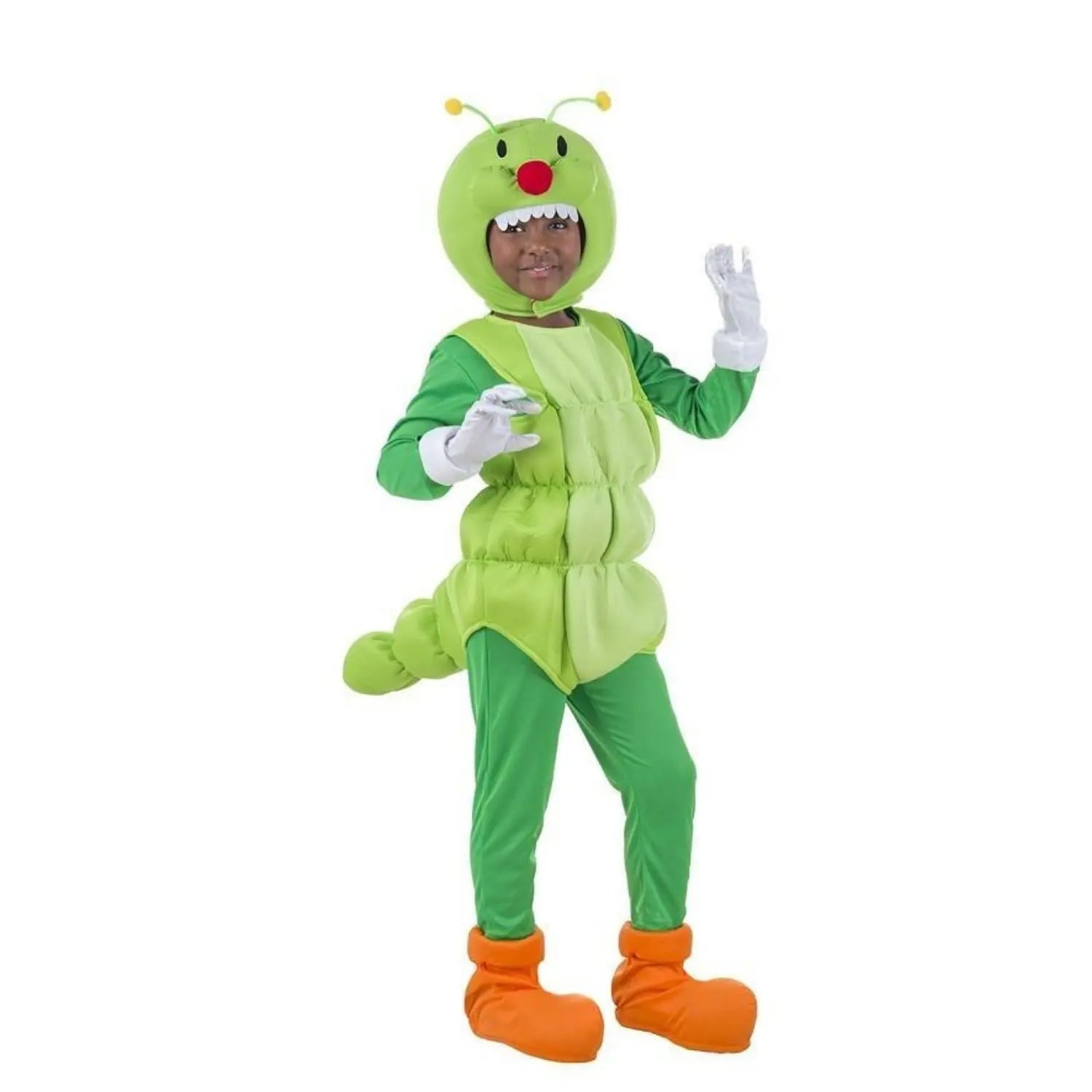 Disfraz de gusano infantil con cabeza, cuerpo acolchado, guantes y cubrebotas para Carnaval