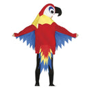 Niño con disfraz de loro infantil colorido para fiesta escolar