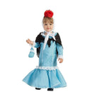 Disfraz de madrileña azul para niña con vestido, mantón, pañuelo y bolsito