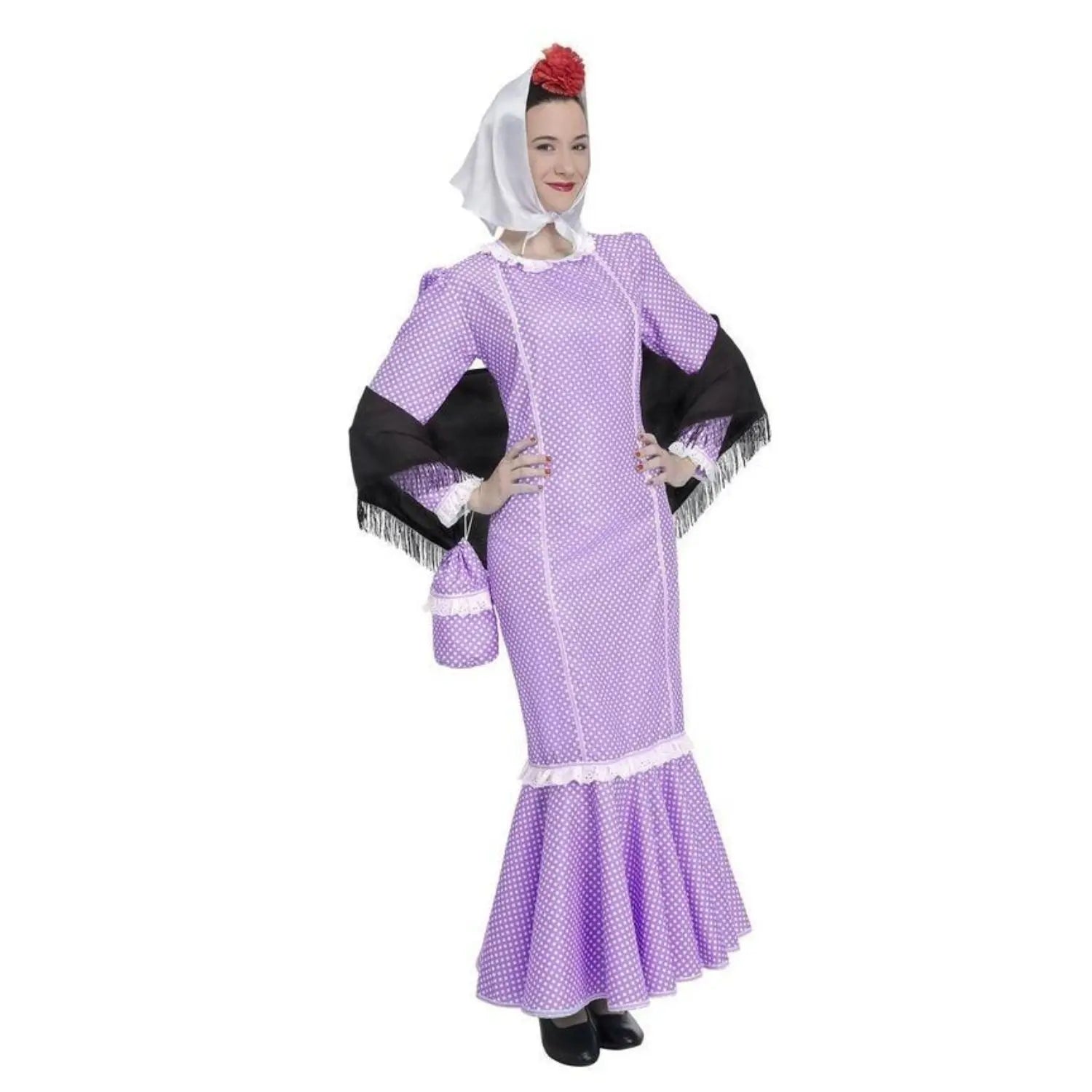 Disfraz de madrileña lila para mujer con vestido, mantón, pañuelo y bolsito