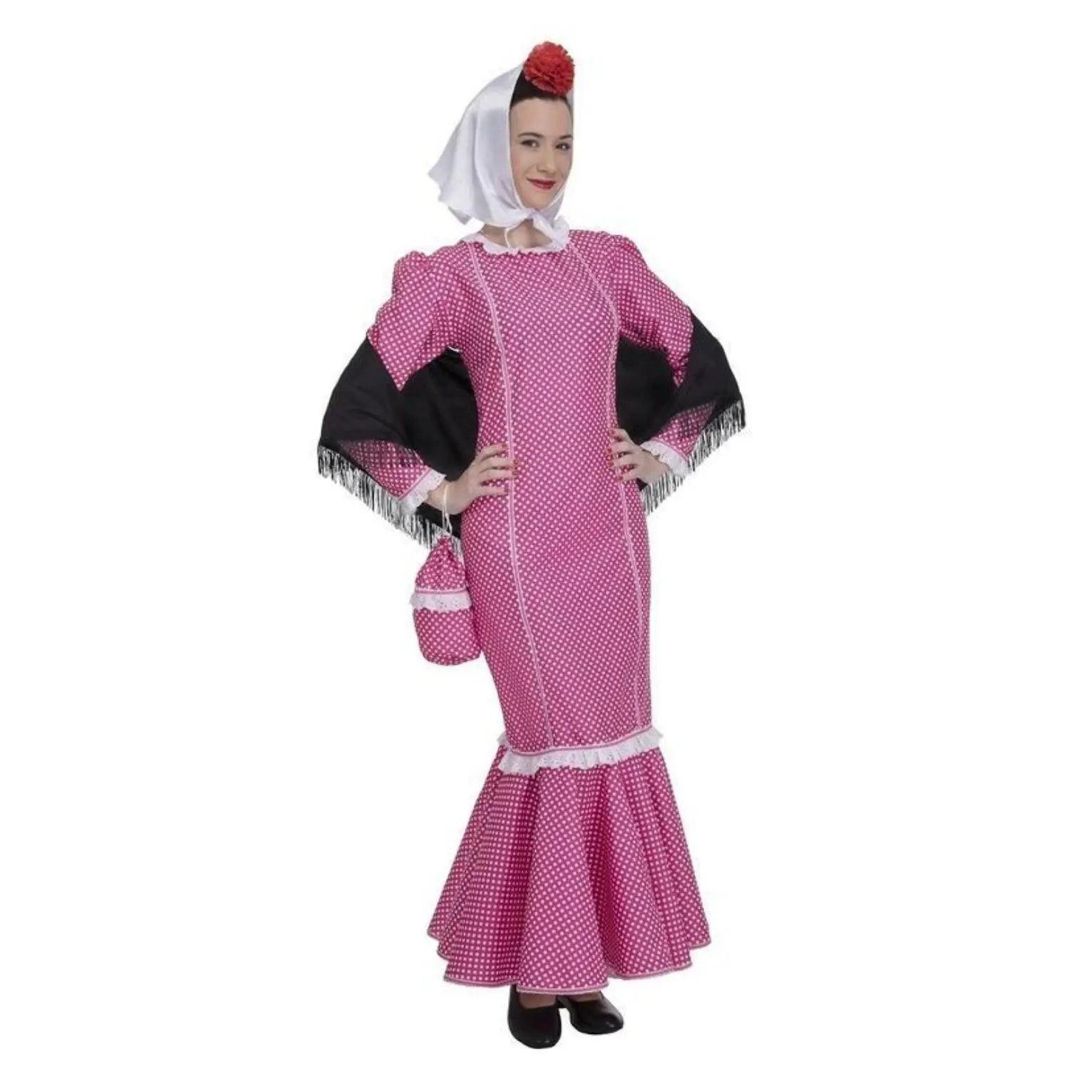 Disfraz de madrileña rosa para mujer con vestido, pañuelo, mantón y bolsito