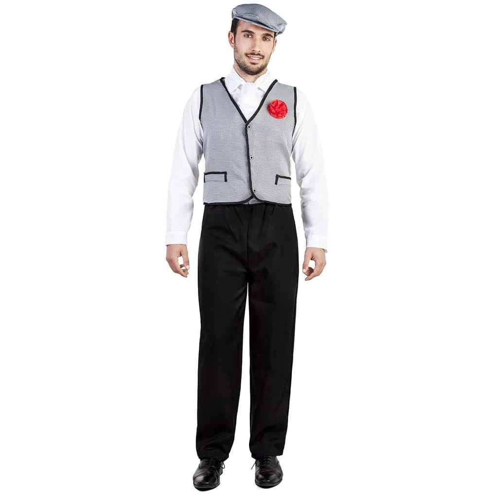 Disfraz de madrileño para hombre con gorra, pañuelo y chaleco con clavel estilo chulapo tradicional