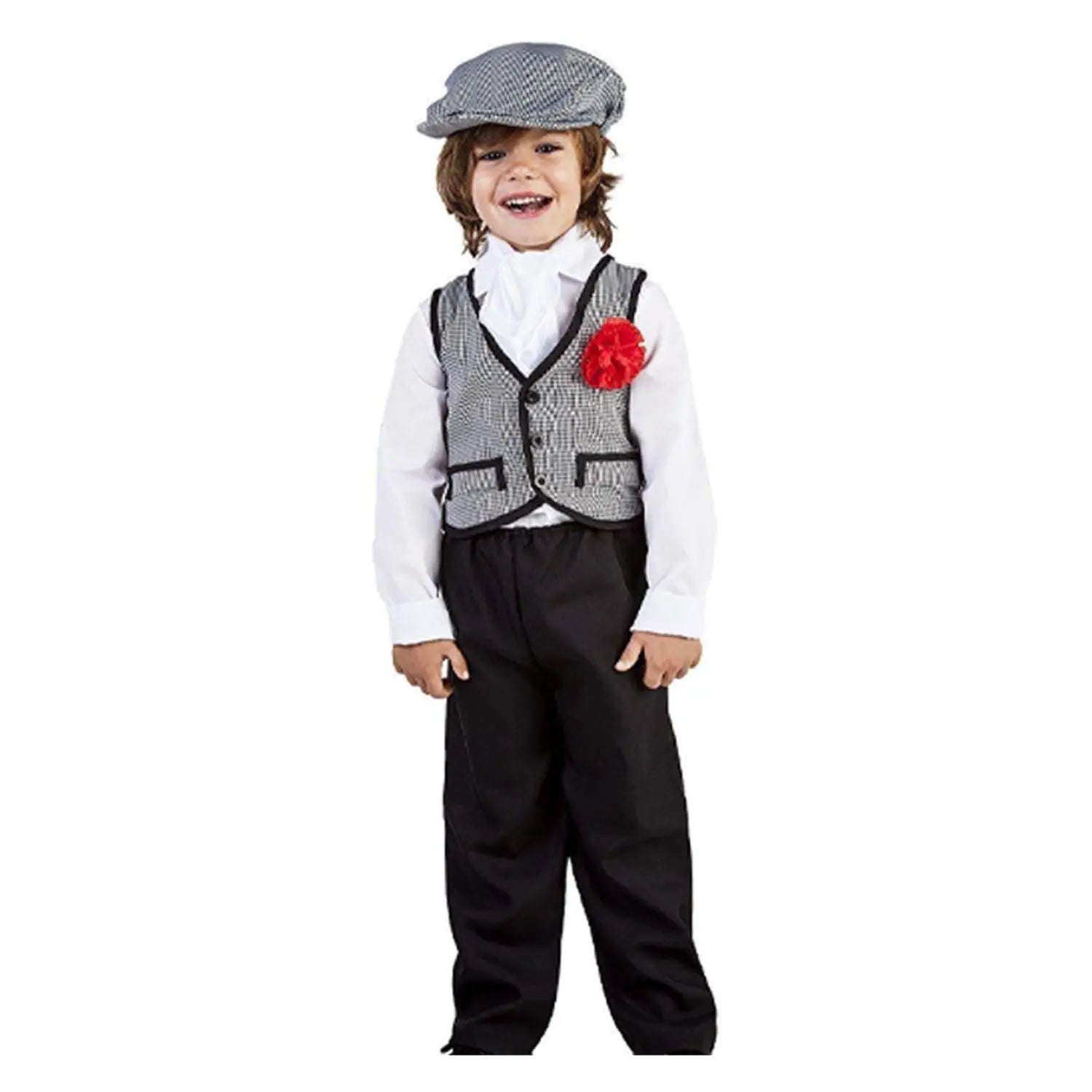 Disfraz de madrileño para niño con chaleco, clavel, gorra y pañuelo estilo chulapo tradicional