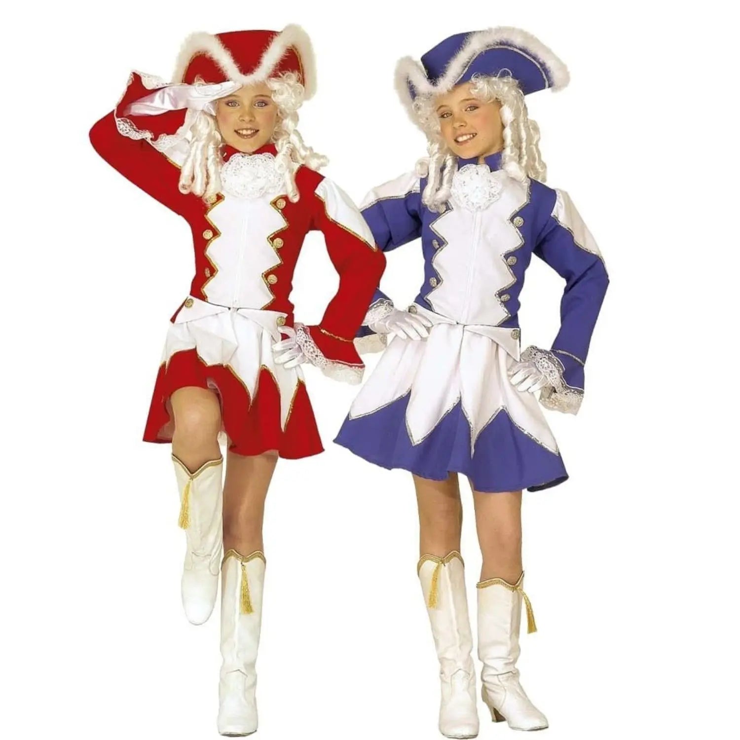 Disfraz de Majorette para niña con casaca, falda y sombrero disponible en color rojo y azul
