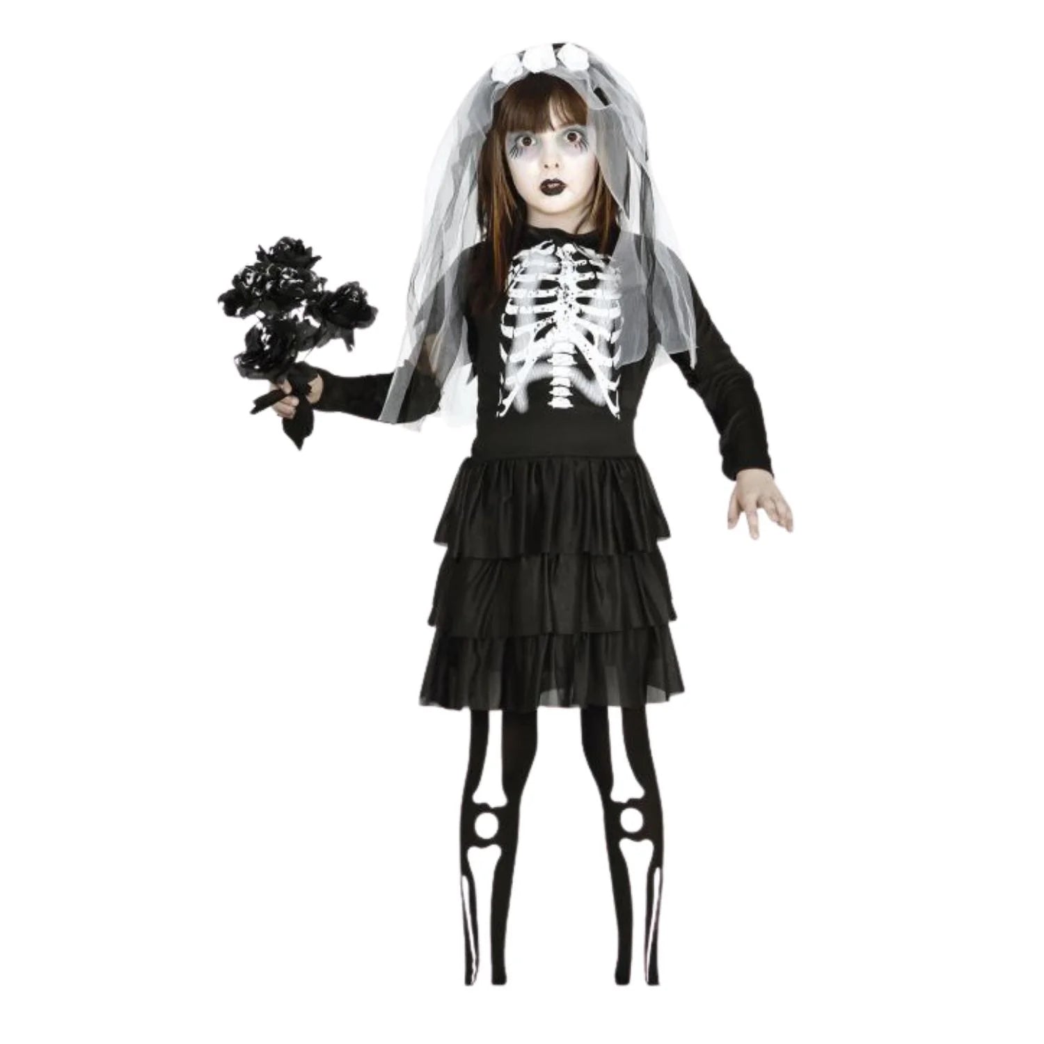Disfraz de novia esqueleto infantil con vestido y pantys para Halloween