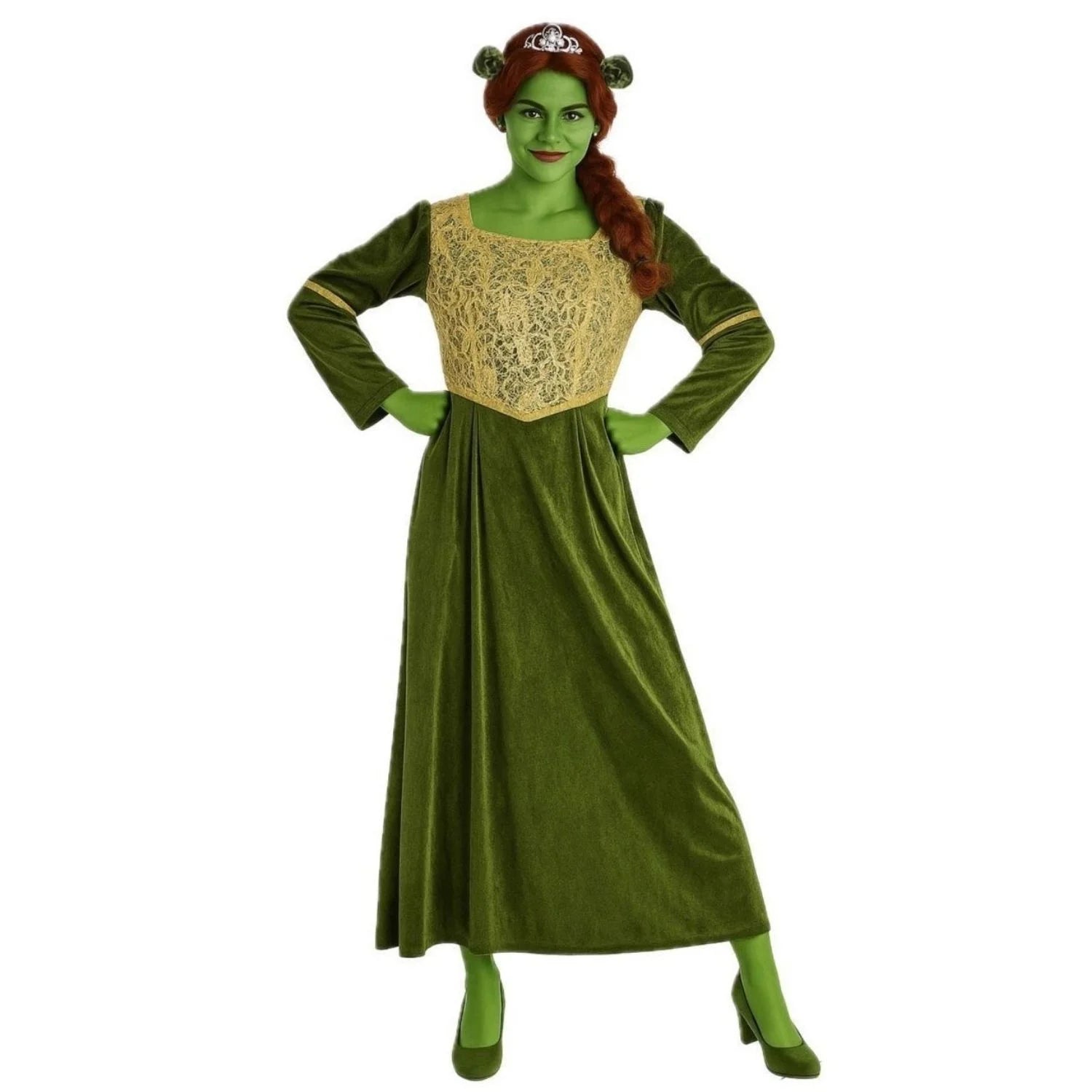 Disfraz de ogresa para mujer con vestido verde y diadema con orejas