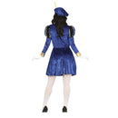 Mujer con disfraz de paje real azul para cabalgatas y funciones escolares navideñas