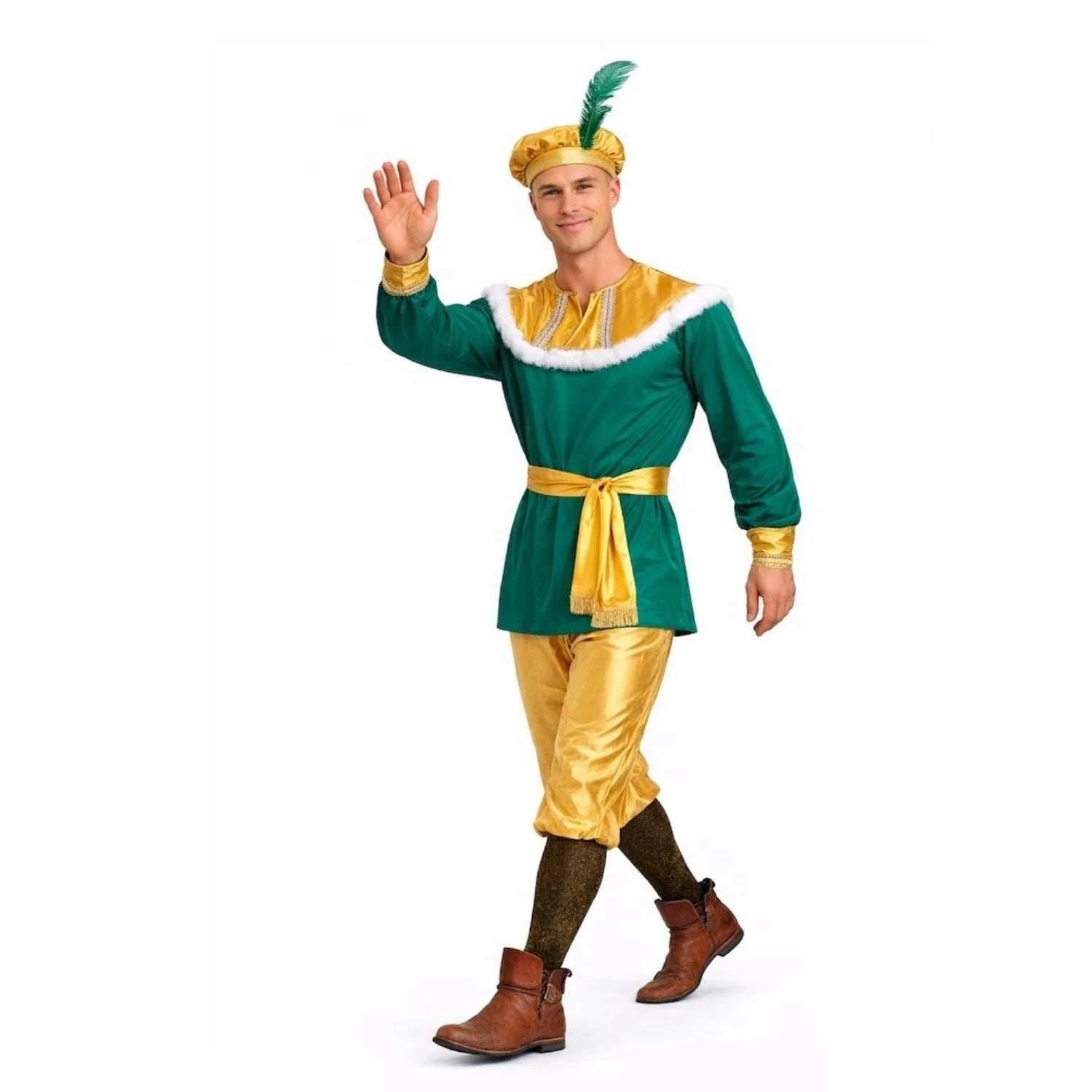 Disfraz de Paje Melchor con casaca decorada y gorra con pluma