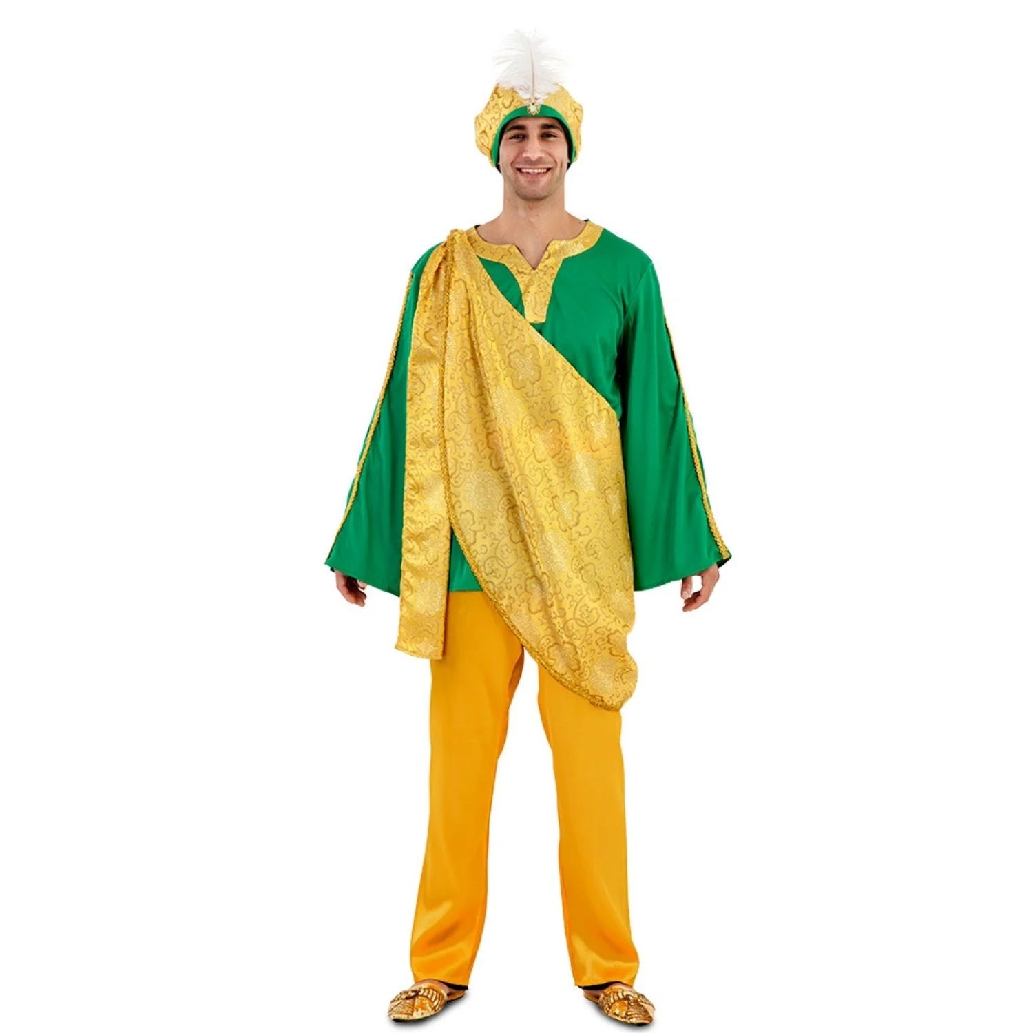 Hombre con disfraz de paje real de Gaspar en colores verde y dorado para Navidad