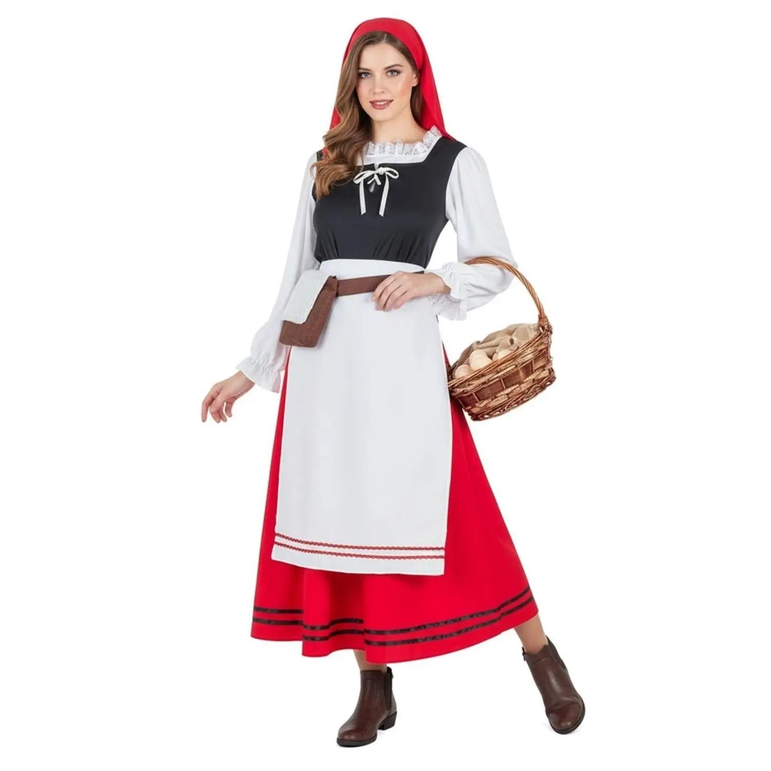 Disfraz de pastora para mujer adulta con vestido, delantal, turbante y faltriquera para Navidad o belenes