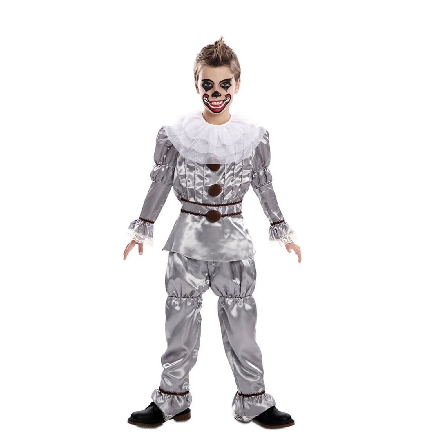 Niño con disfraz de payaso diabólico gris para Halloween