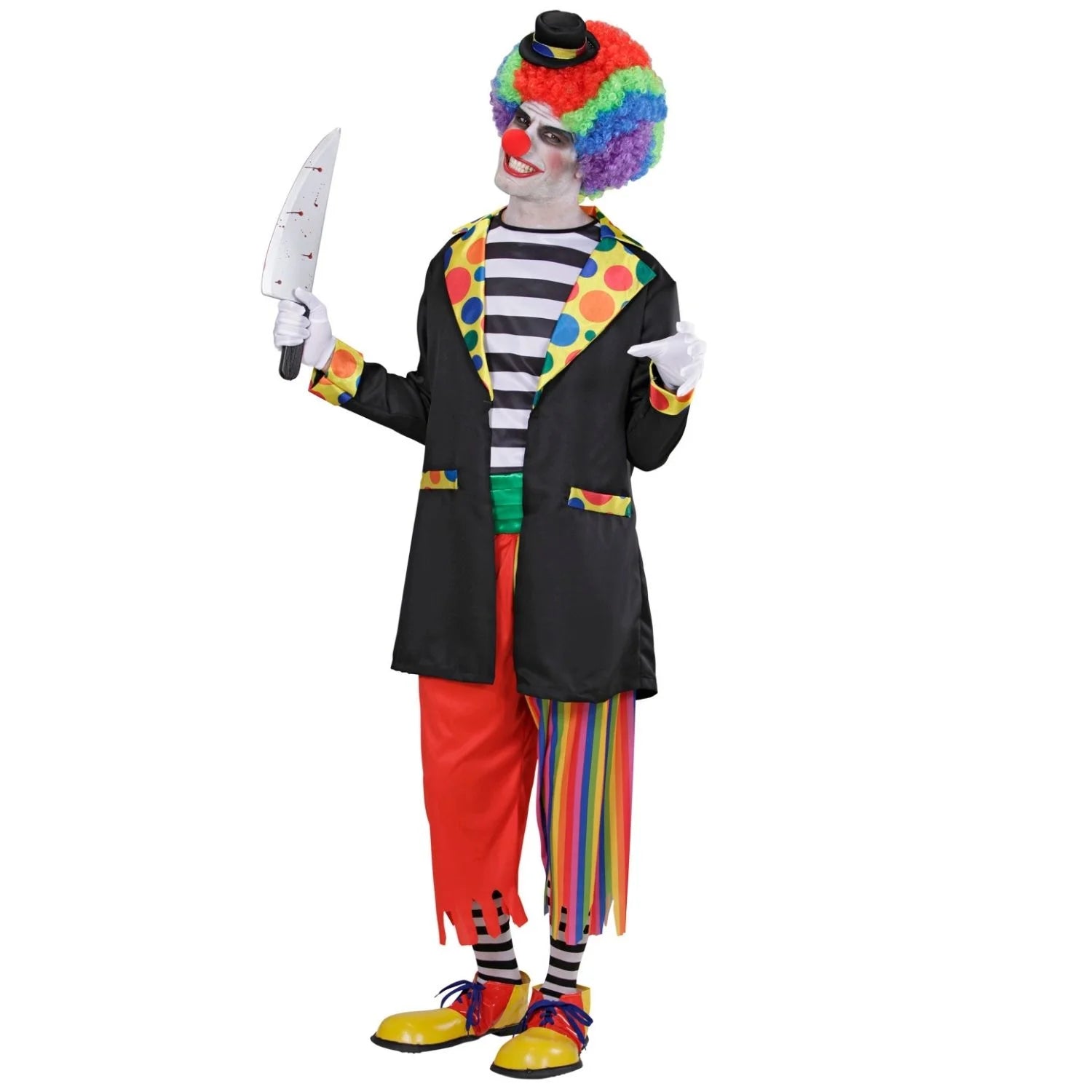 Disfraz de payaso horror para adulto con chaqueta negra y pantalón multicolor