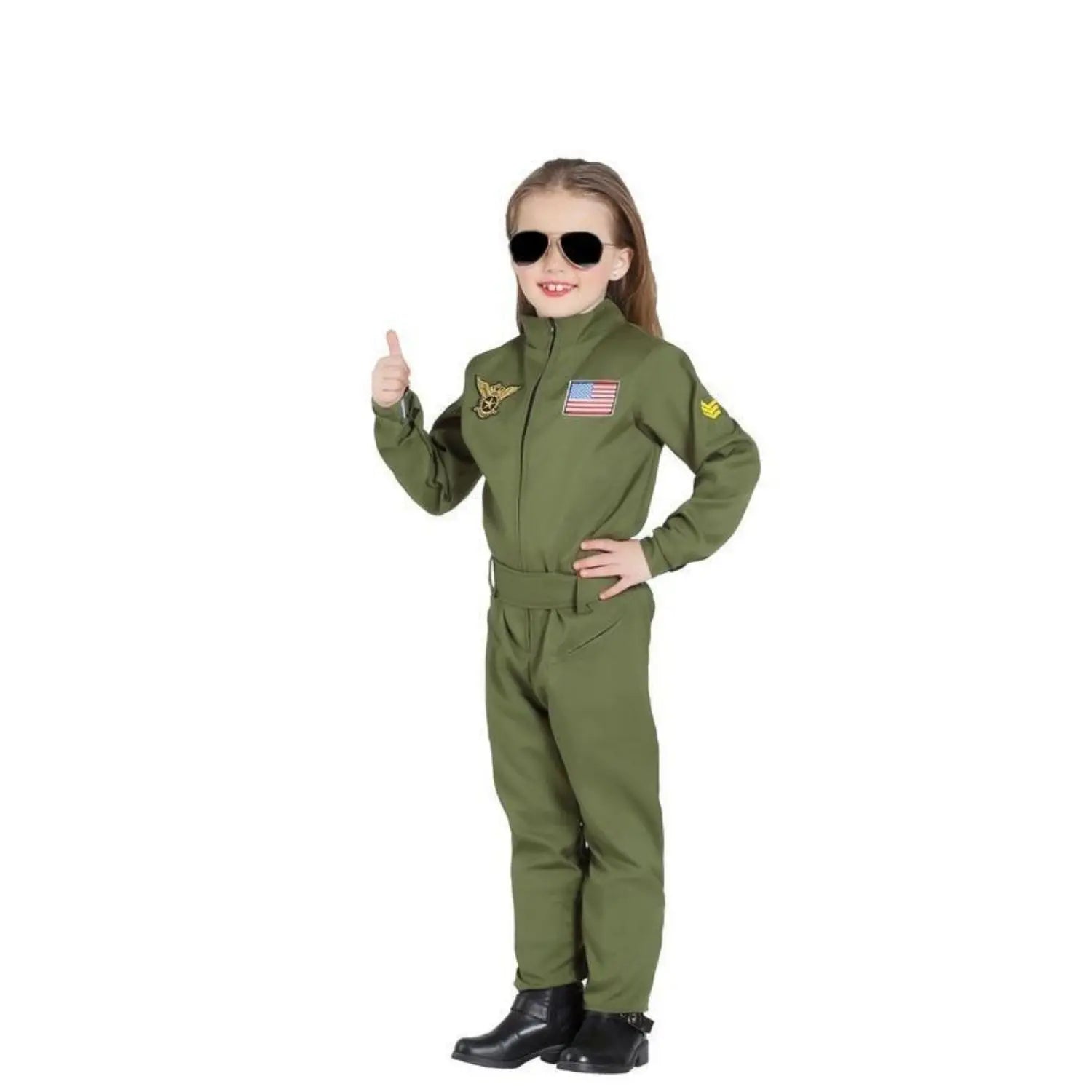 Disfraz de piloto de combate infantil con mono verde cremallera y cinturón