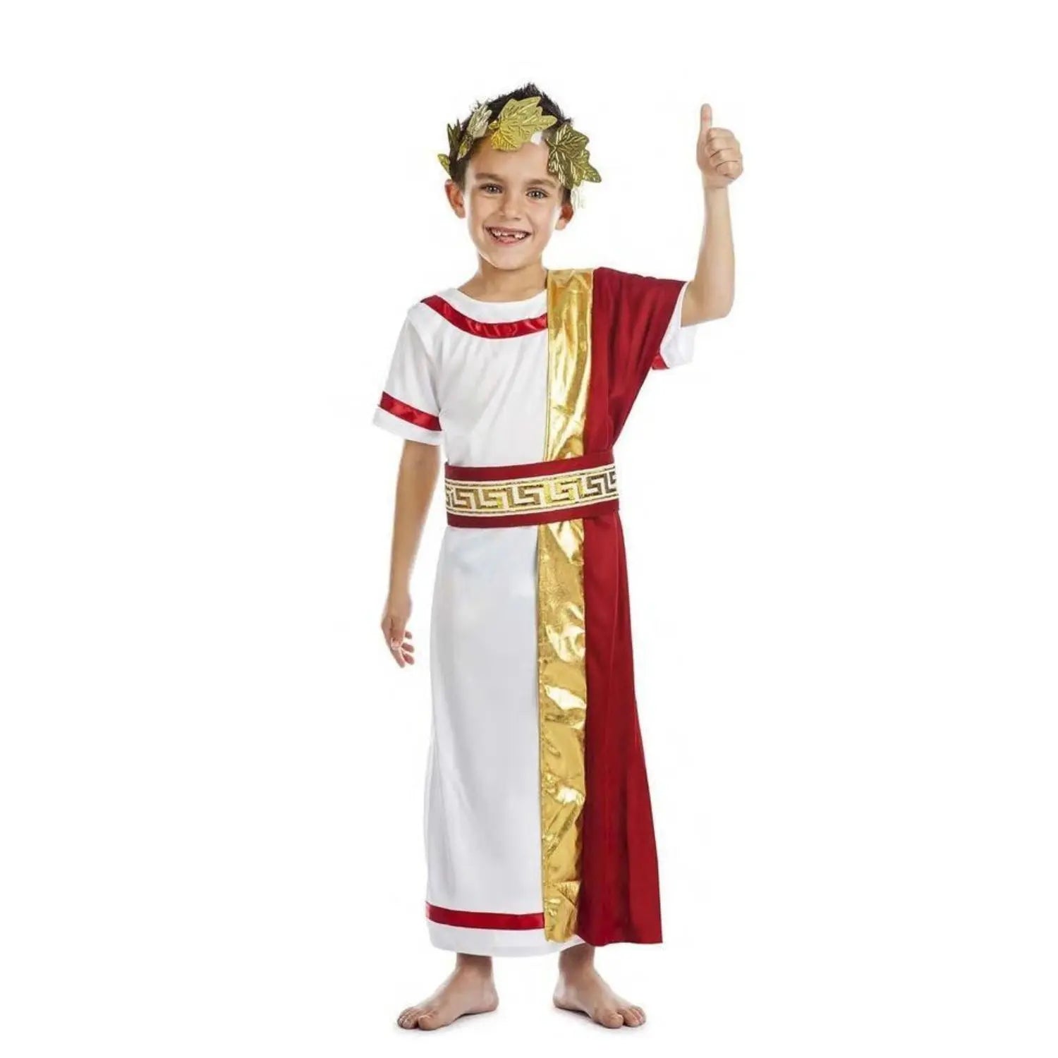Disfraz de senador romano para niño con túnica blanca, toga y cinturón ideal para Carnaval y colegio