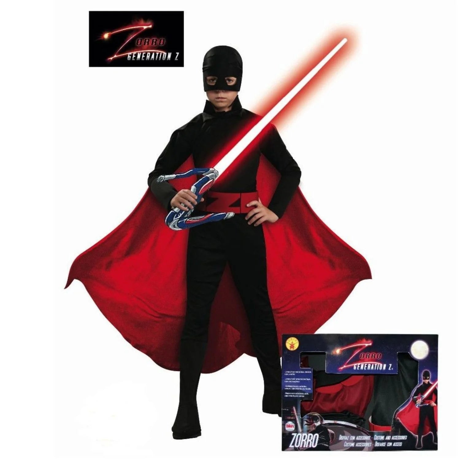 Disfraz de Zorro para niño con capa roja, antifaz y mono negro