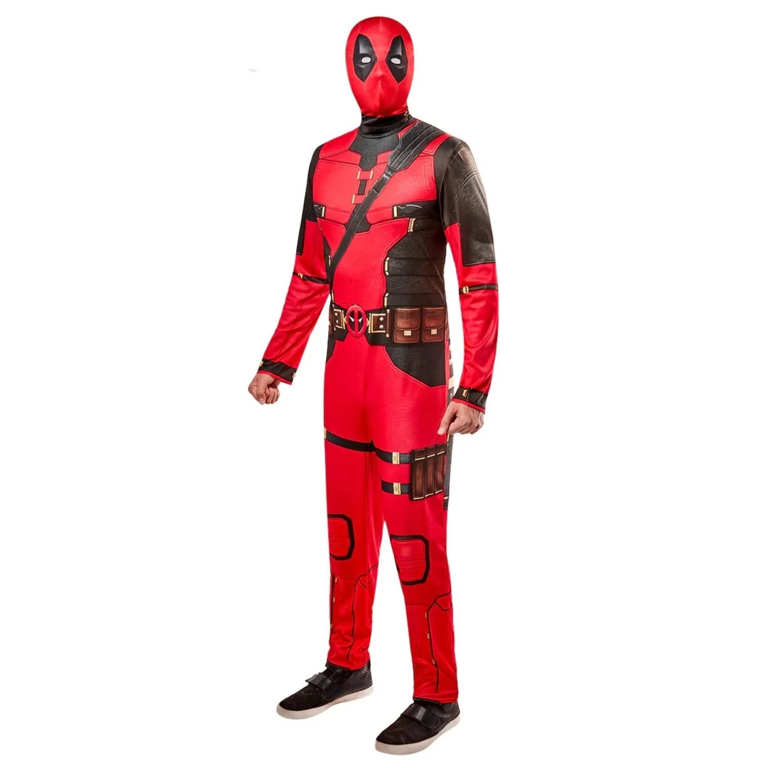Hombre con disfraz de Deadpool adulto con mono rojo y negro y máscara