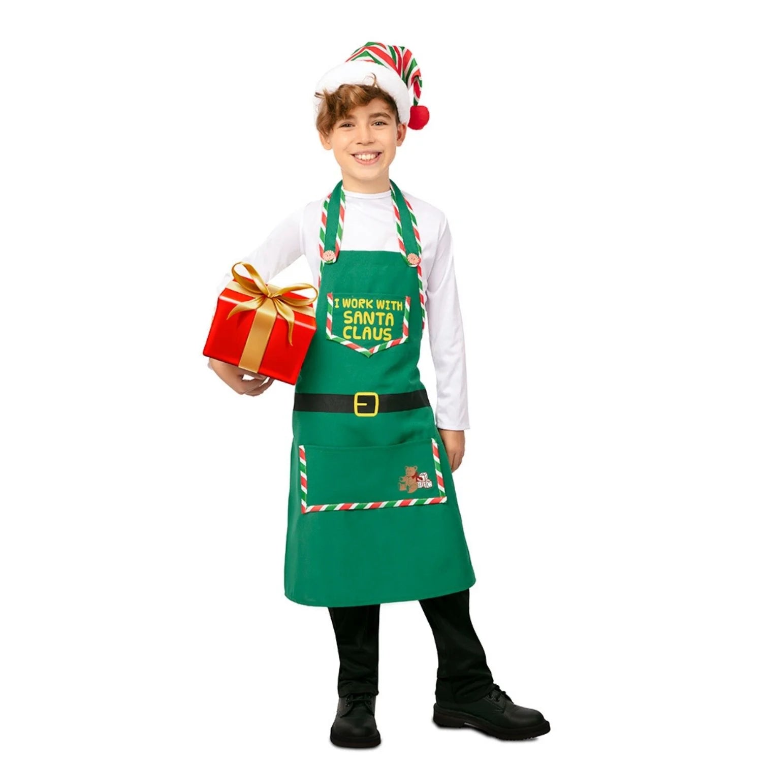Niño con disfraz de delantal de elfo navideño verde y gorro de Navidad