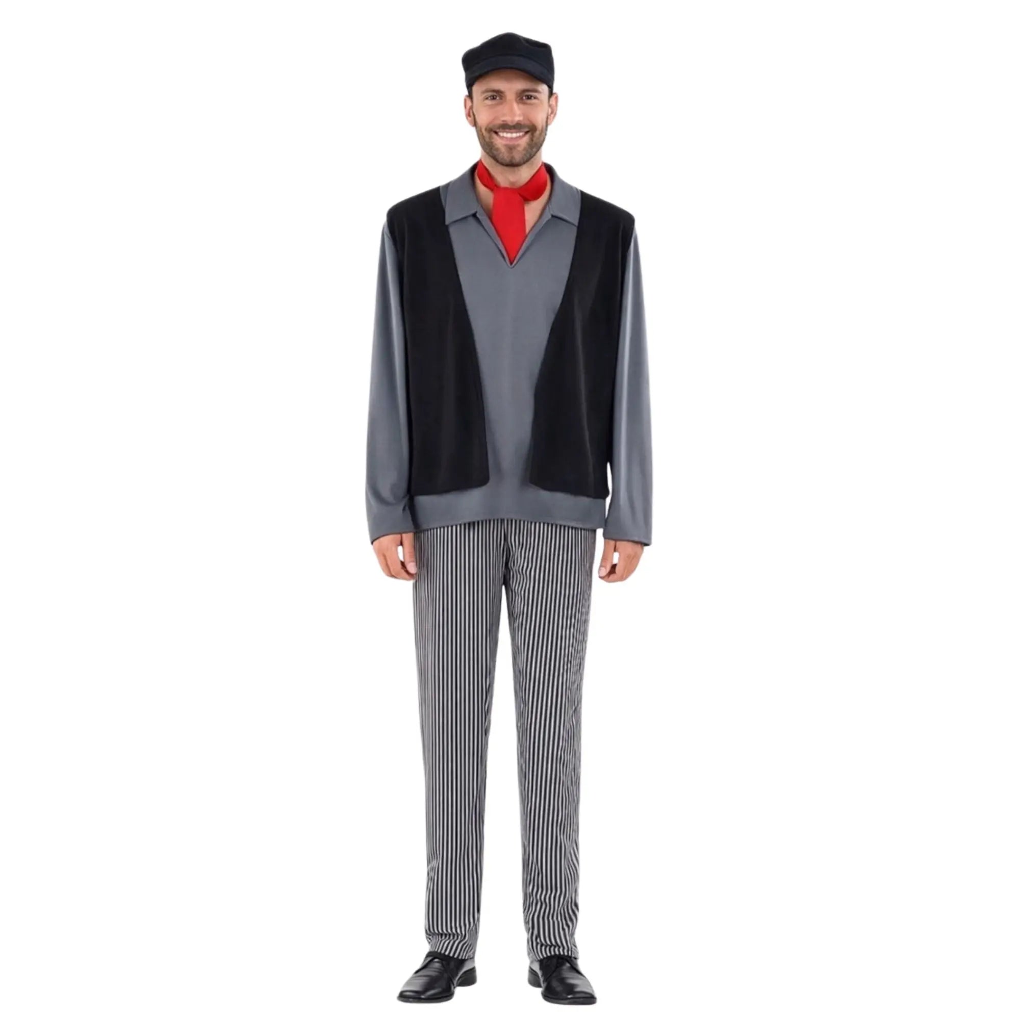Disfraz de deshollinador para adulto con camisa gris, chaleco negro, pantalón de rayas, gorra y pañuelo rojo inspirado en Mary Poppins