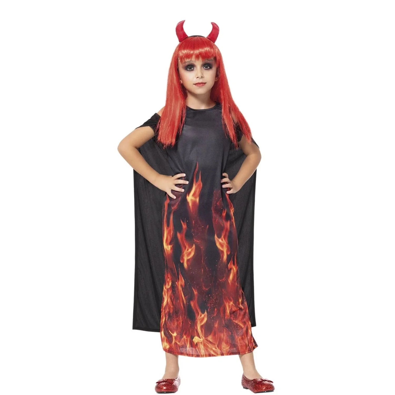 Disfraz de Diablesa en Llamas con vestido negro y estampado de fuego