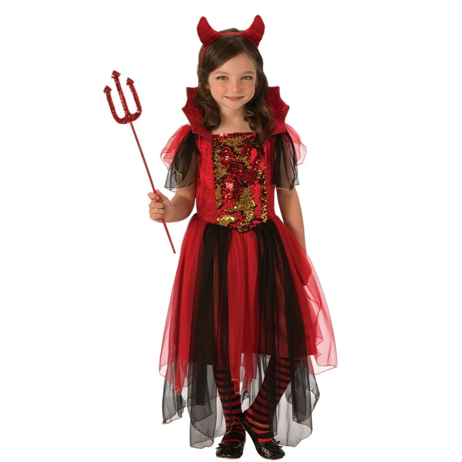 Niña con disfraz de diablesa mágica infantil con vestido rojo y negro y diadema con cuernos