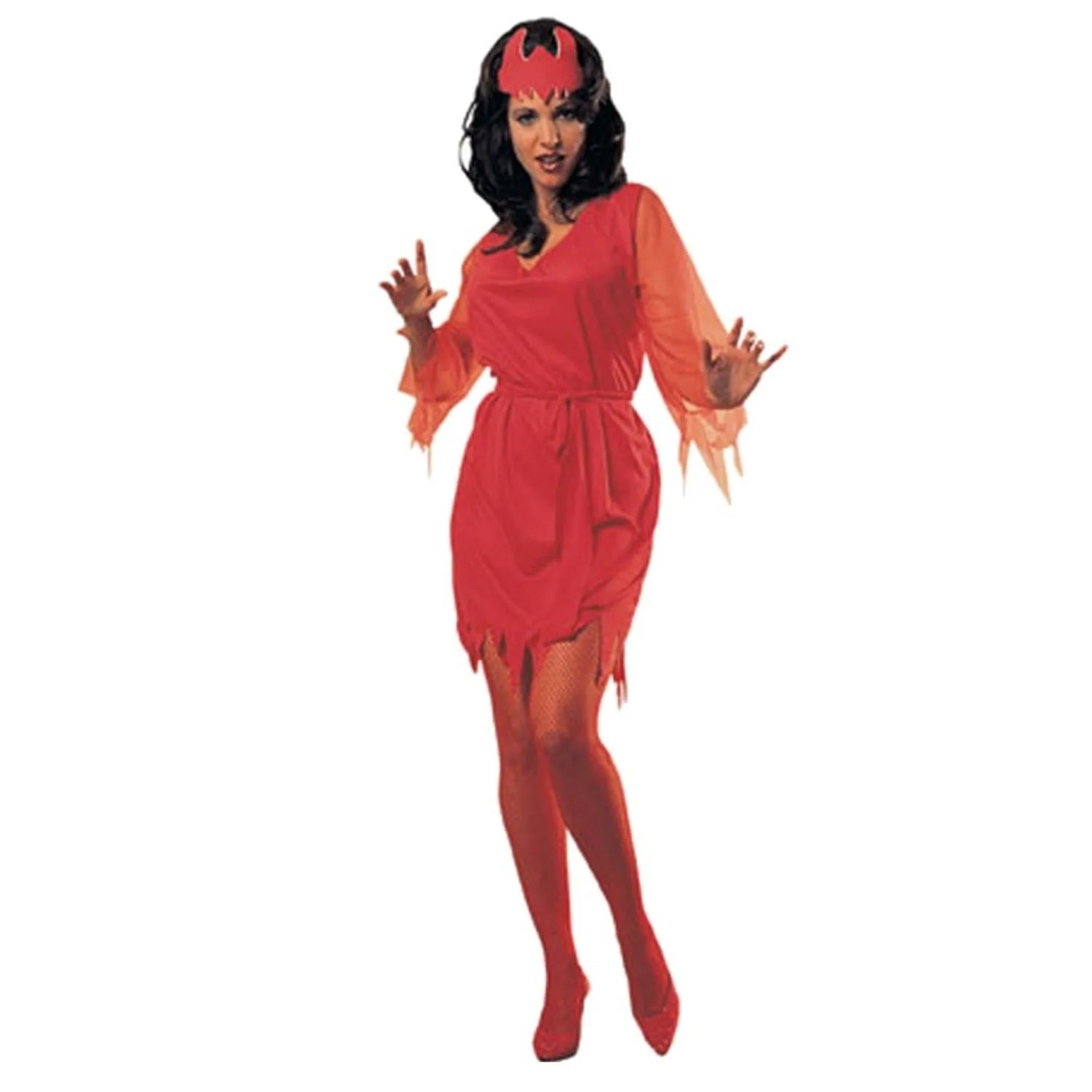 Disfraz diablesa roja mujer con vestido rojo, tocado y cinturón