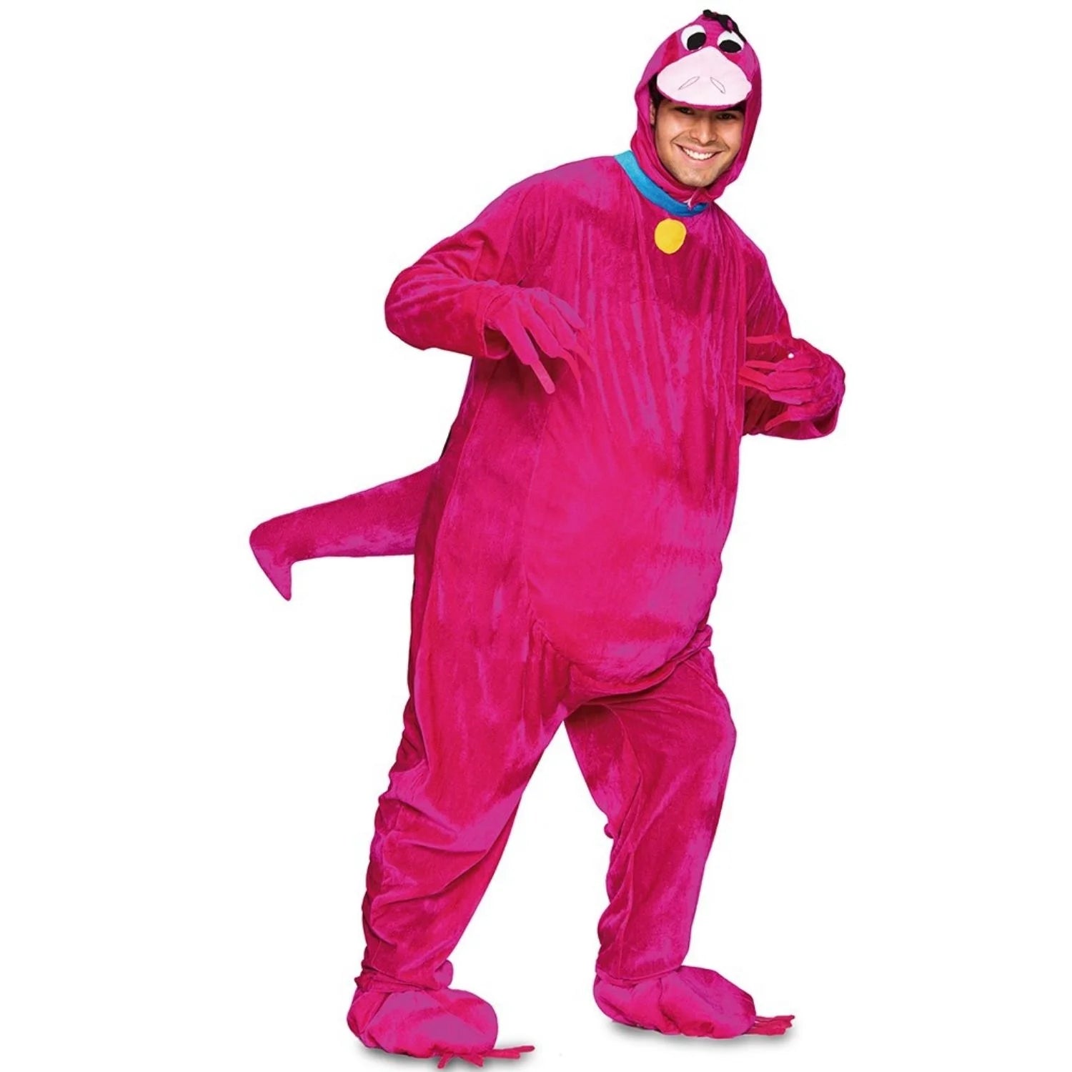 Hombre con disfraz de dinosaurio rosa adulto inspirado en Dino de Los Picapiedra