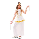 Niña con disfraz de diosa Atenea blanca y dorada inspirado en la Antigua Grecia