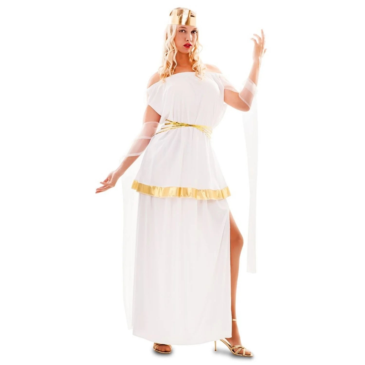 Disfraz Diosa Atenea para Mujer con vestido blanco largo y corona dorada