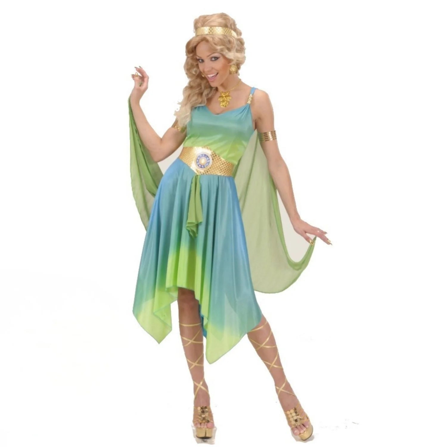 Disfraz Diosa del Zodiaco para mujer con vestido verde y azul y capa vaporosa