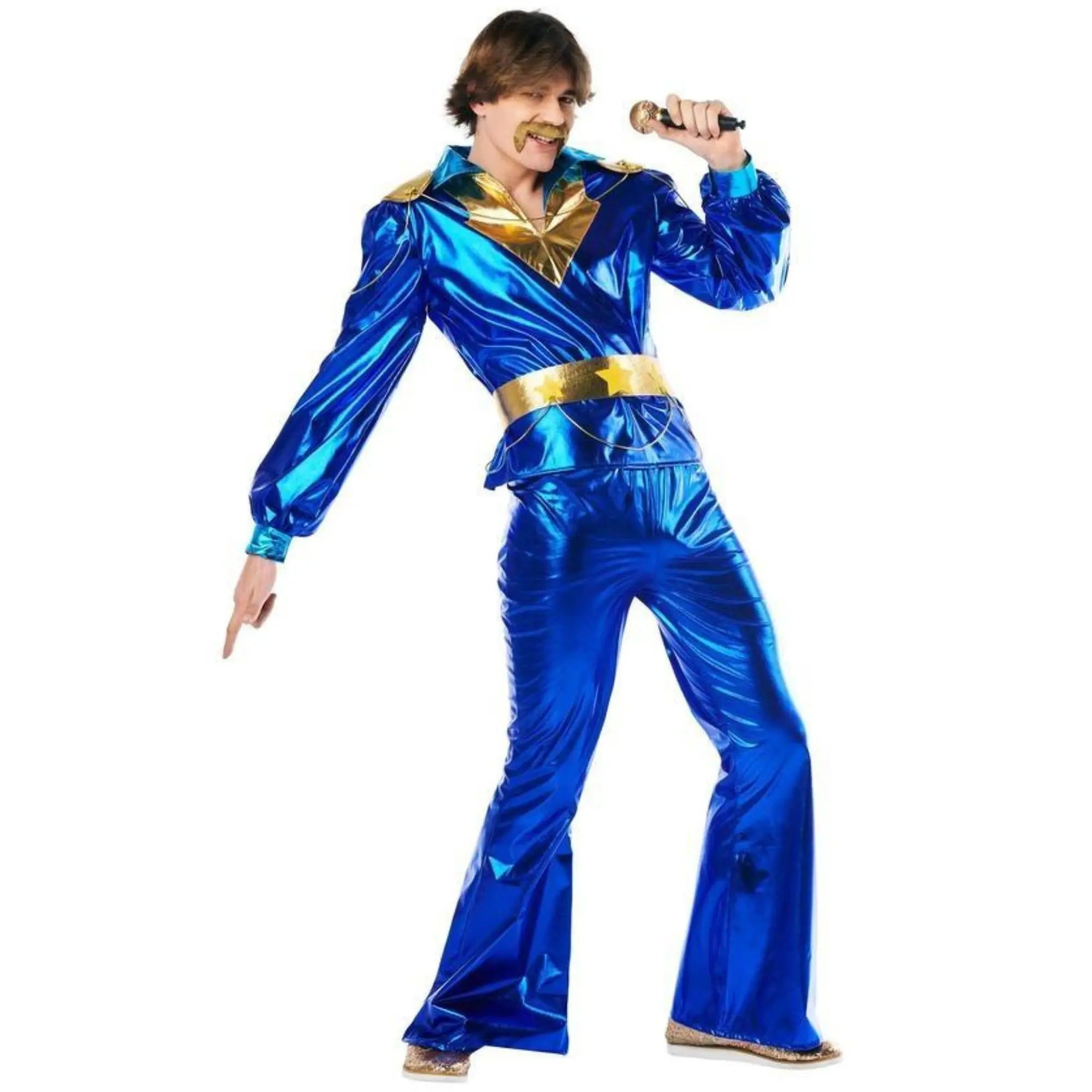 Disfraz disco azul para hombre estilo años 70 con camisa, pantalón y cinturón ideal para Carnaval y fiestas retro