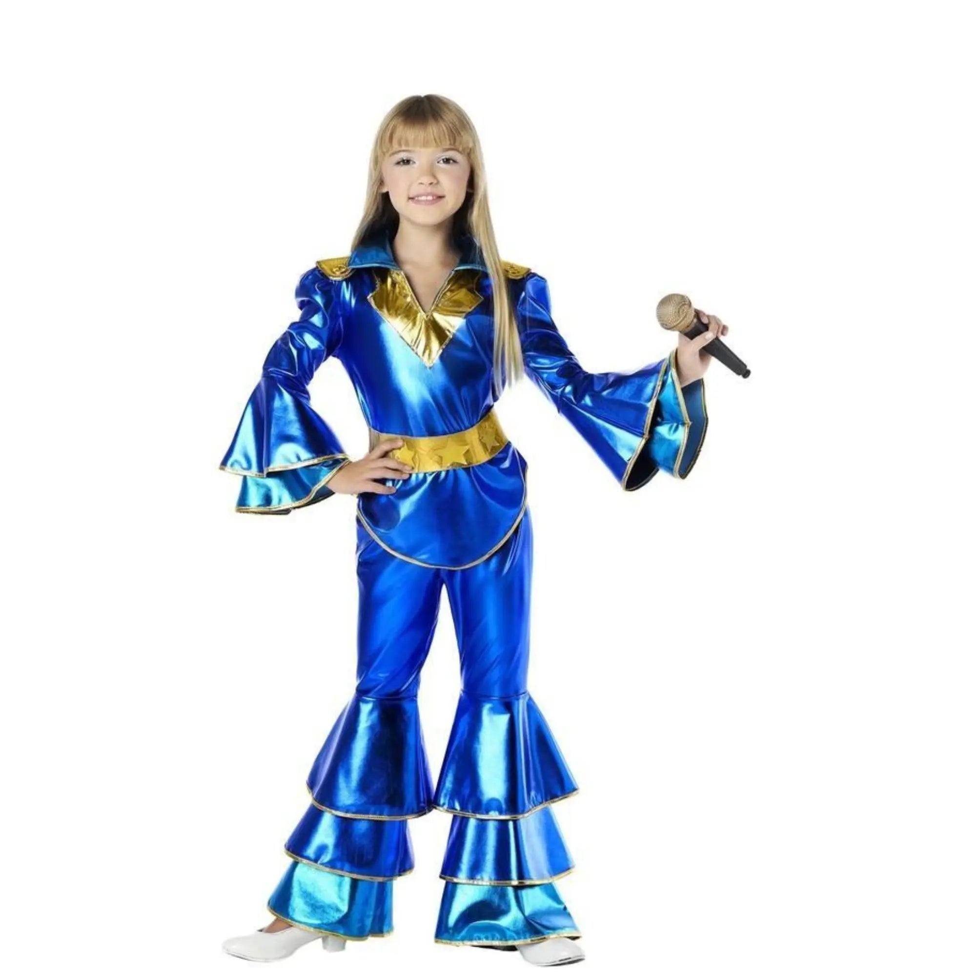 Disfraz disco azul años 70 para niña con camisa, pantalón y cinturón retro