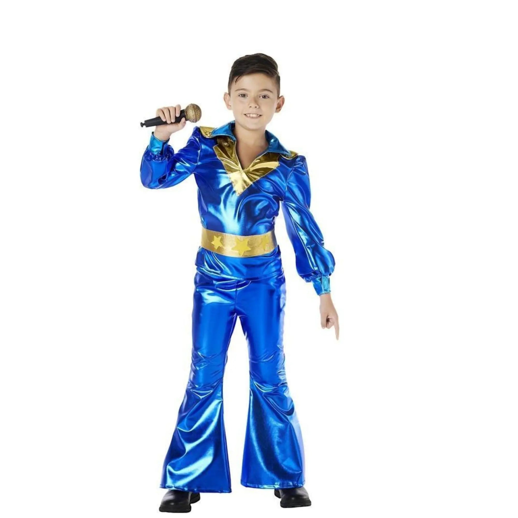 Disfraz disco azul niño años 70 con camisa pantalón y cinturón estilo retro Carnaval