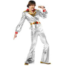 Disfraz de cantante disco plata años 70 para hombre con camisa brillante y pantalón retro completo