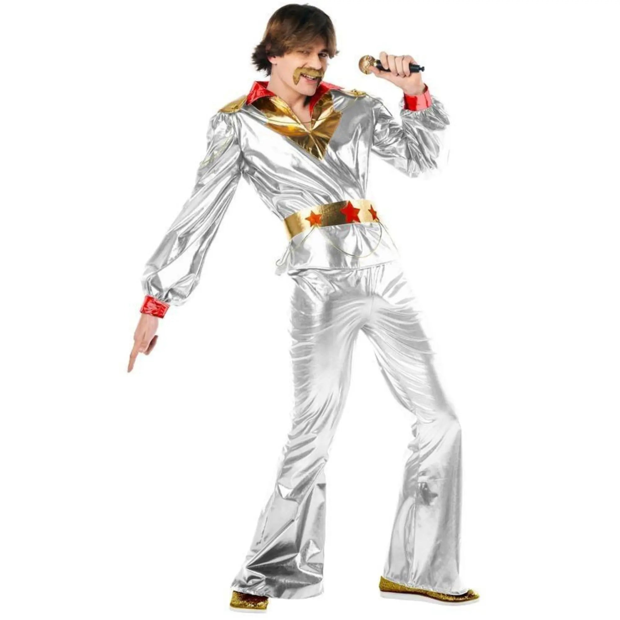 Disfraz de cantante disco plata años 70 para hombre con camisa brillante y pantalón retro completo