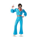 Disfraz disco azul para hombre años 70 con camisa, chaleco, pantalón y cinturón ideal para Carnaval y fiestas temáticas
